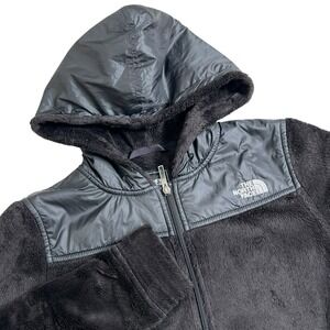 North Face Womens Small Black Mix Media Teddy Hooded Full Zip Jacket Zip Pockets